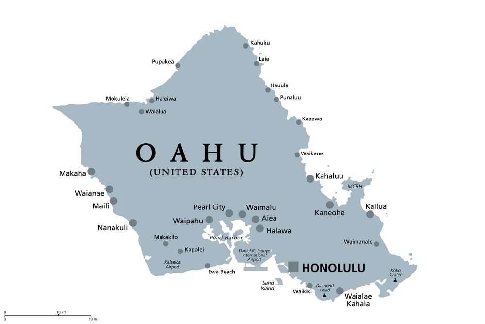 Map Of Oahu, Hawaii, with capital Honolulu.
